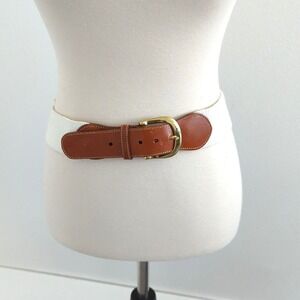 VTG Lands End Waist Belt Elastic Leather White USA 32 Brass Cotton Coastal Yacht